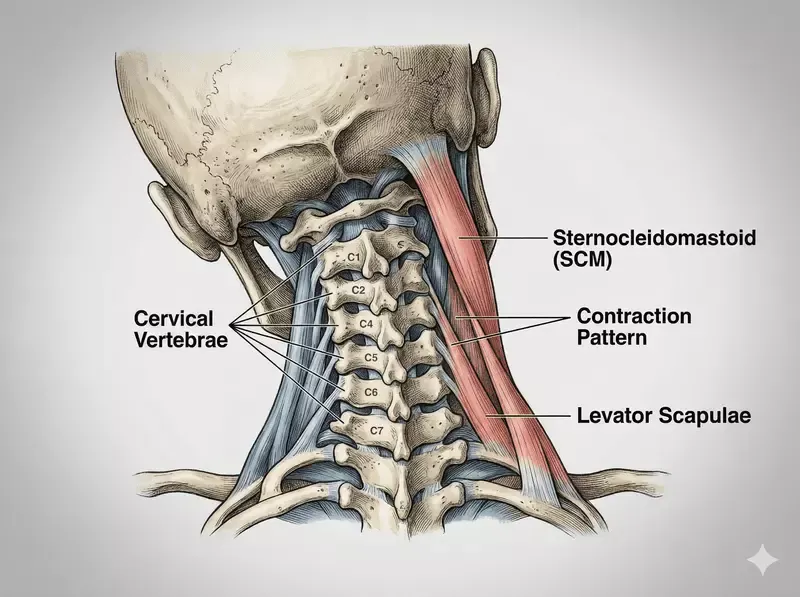 Cervical spine ( C spine) anatomy showing cervical vertebrae numbered C1 to C7 with ligaments and muscles of the lateral neck.