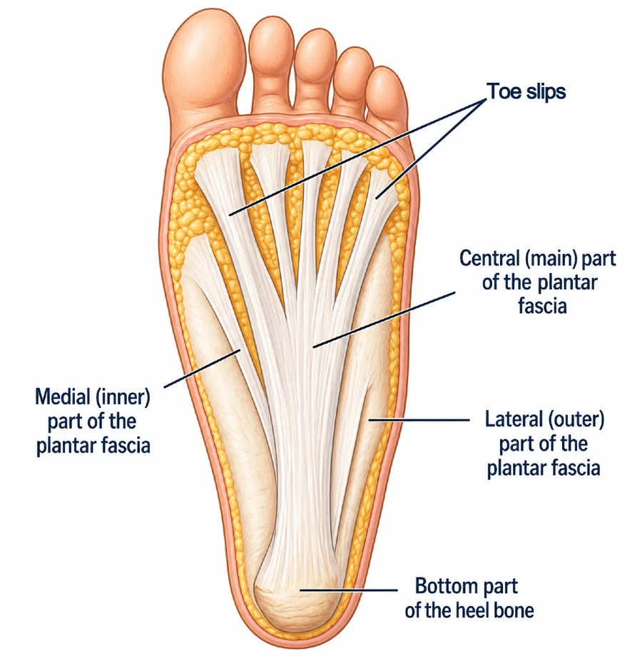 Anatomical schematic of the plantar fascia demonstrating its fibrous structure, spanning from the calcaneal tuberosity to the metatarsal heads, and its role in arch support.