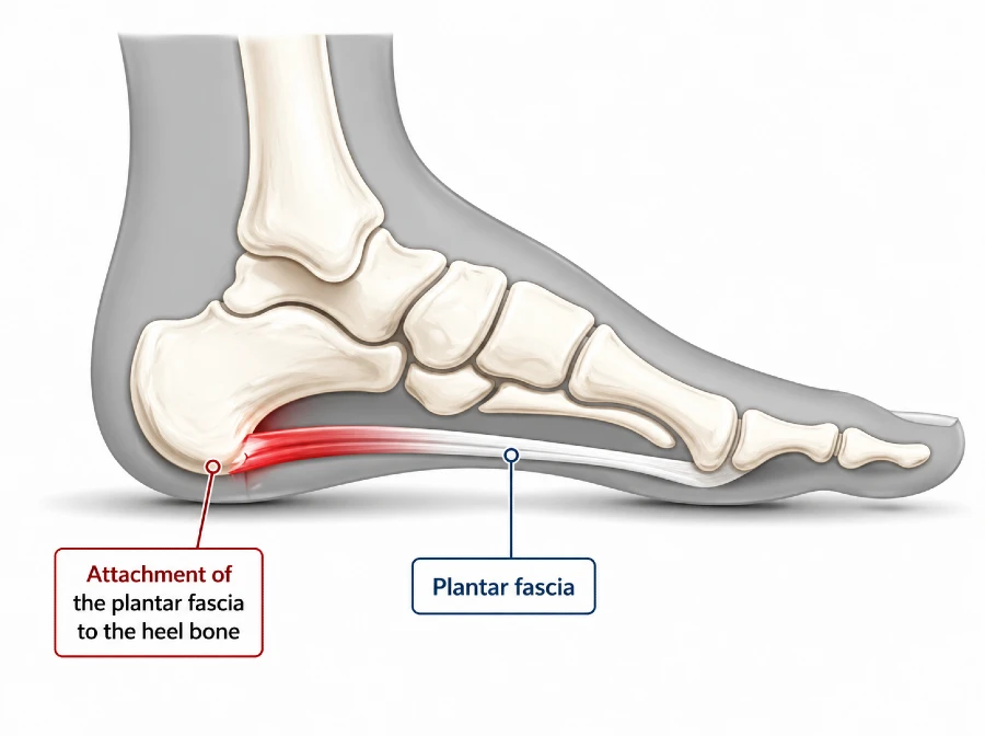 Anatomical schematic of the plantar fascia demonstrating its fibrous structure, spanning from the calcaneal tuberosity to the metatarsal heads, and its role in arch support.