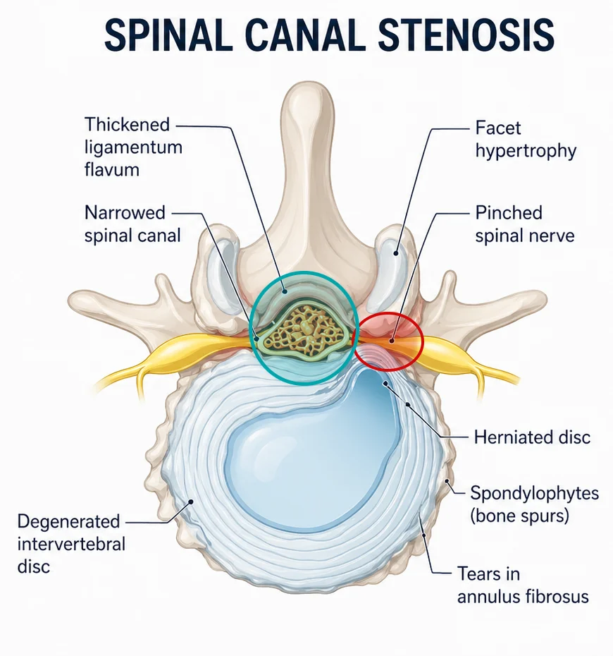 Schematic spinal diagram illustrating central canal stenosis in turquoise within the spinal canal, with foraminal stenosis indicated by a red circle at the neural foramen.