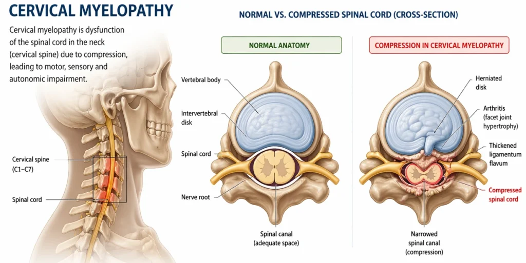Infographic showing cervical myelopathy caused by spinal cord compression in the cervical spine due to degenerative changes such as disc herniation and osteophyte formation.