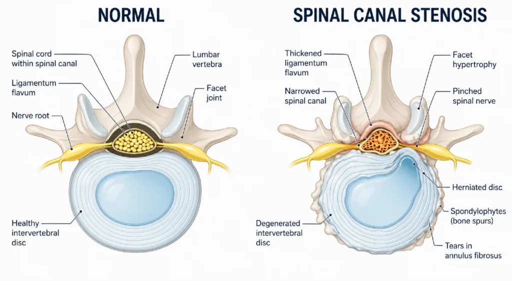 Diagram of spinal stenosis illustrating narrowing of the spine with reduced space in the spinal canal, highlighting central canal stenosis, foraminal narrowing, and compression of the spinal cord and nerve roots.