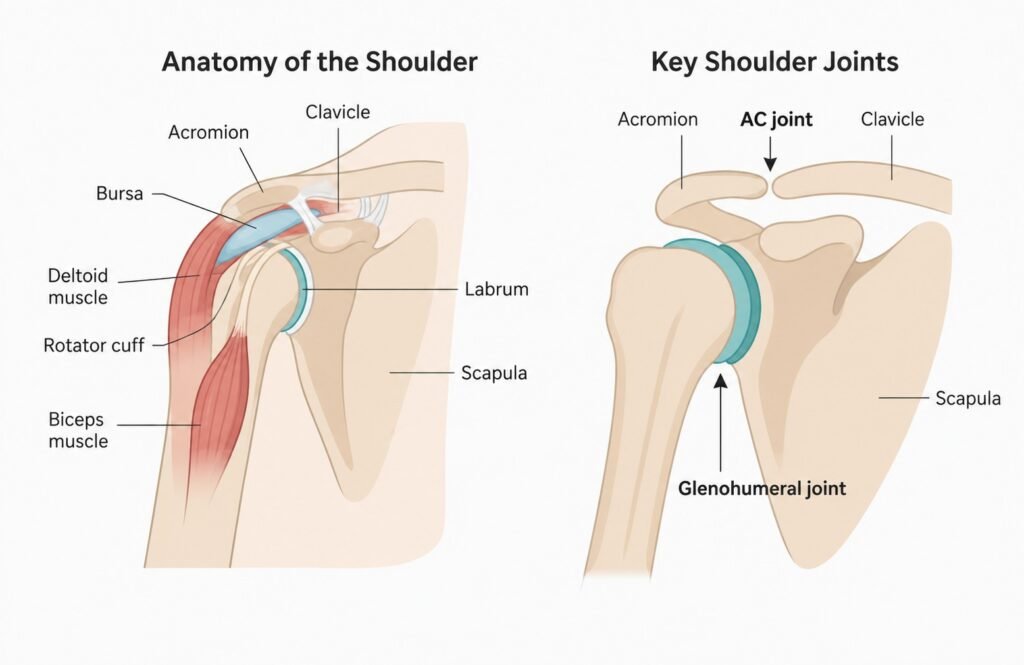 Shoulder anatomy illustration showing rotator cuff muscles, deltoid, bursa, labrum, scapula, humerus, clavicle, and key joints including acromioclavicular (AC) and glenohumeral joint in a clean educational diagram.