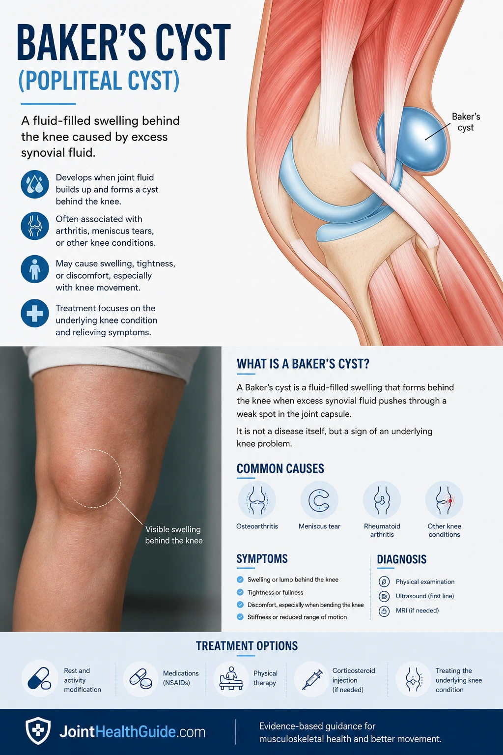 Medical infographic illustrating Baker’s popliteal cyst behind the knee joint with surrounding anatomy including femur, tibia, gastrocnemius muscle, and synovial capsule.