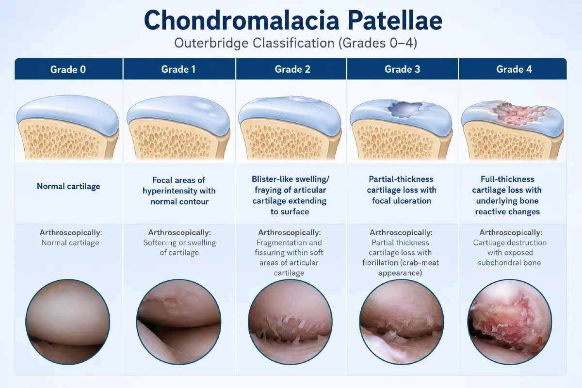 Illustration of chondromalacia patellae grading according to the Outerbridge classification, showing progressive cartilage damage on the posterior surface of the patella from normal cartilage (Grade 0) through softening and fissuring (Grade I–II) to deep cartilage erosion and exposed subchondral bone (Grade III–IV).