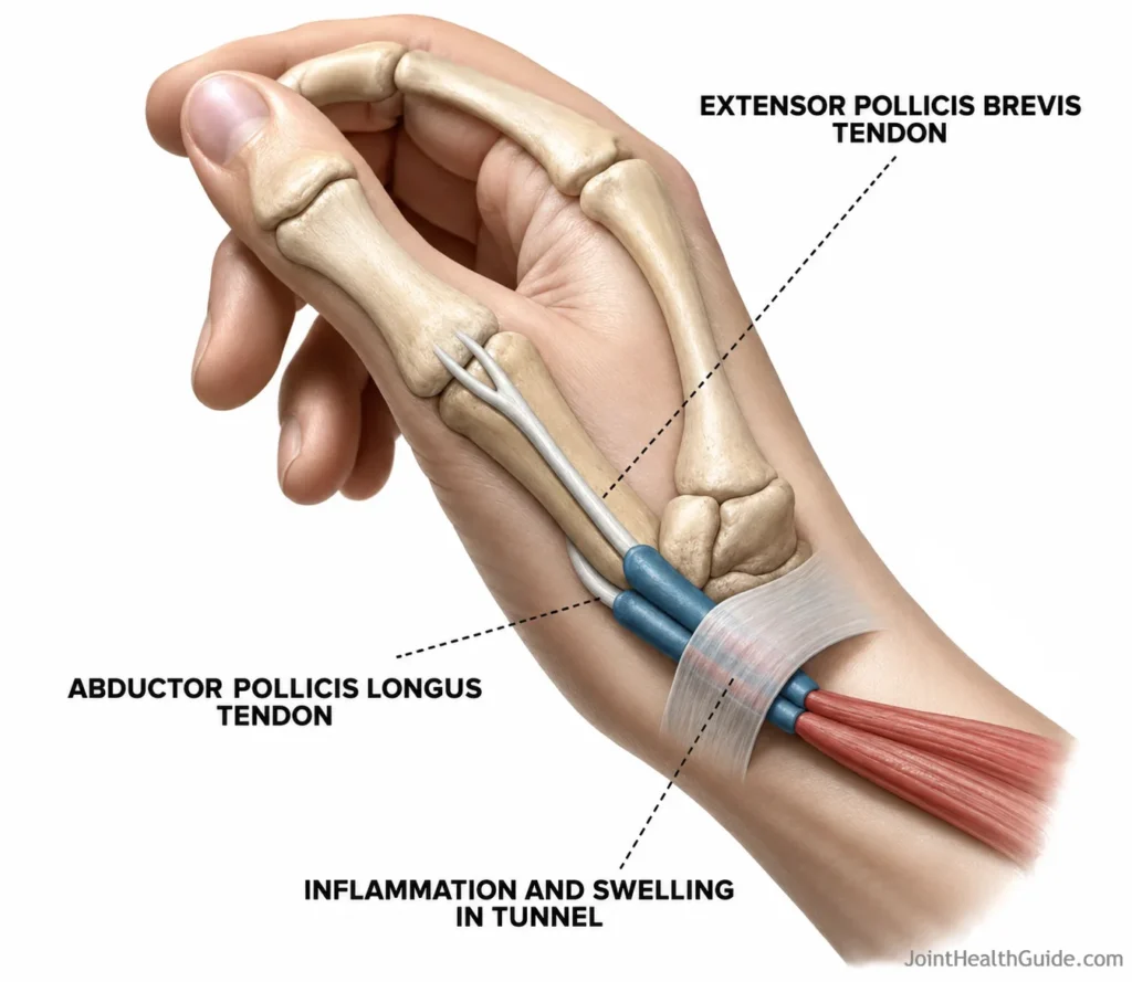 Schematic diagram of De Quervain tenosynovitis showing the first dorsal compartment of the wrist beneath the extensor retinaculum, with the abductor pollicis longus (APL) and extensor pollicis brevis (EPB) tendons highlighted, demonstrating tendon impingement and inflammation within the narrowed fibro-osseous tunnel.