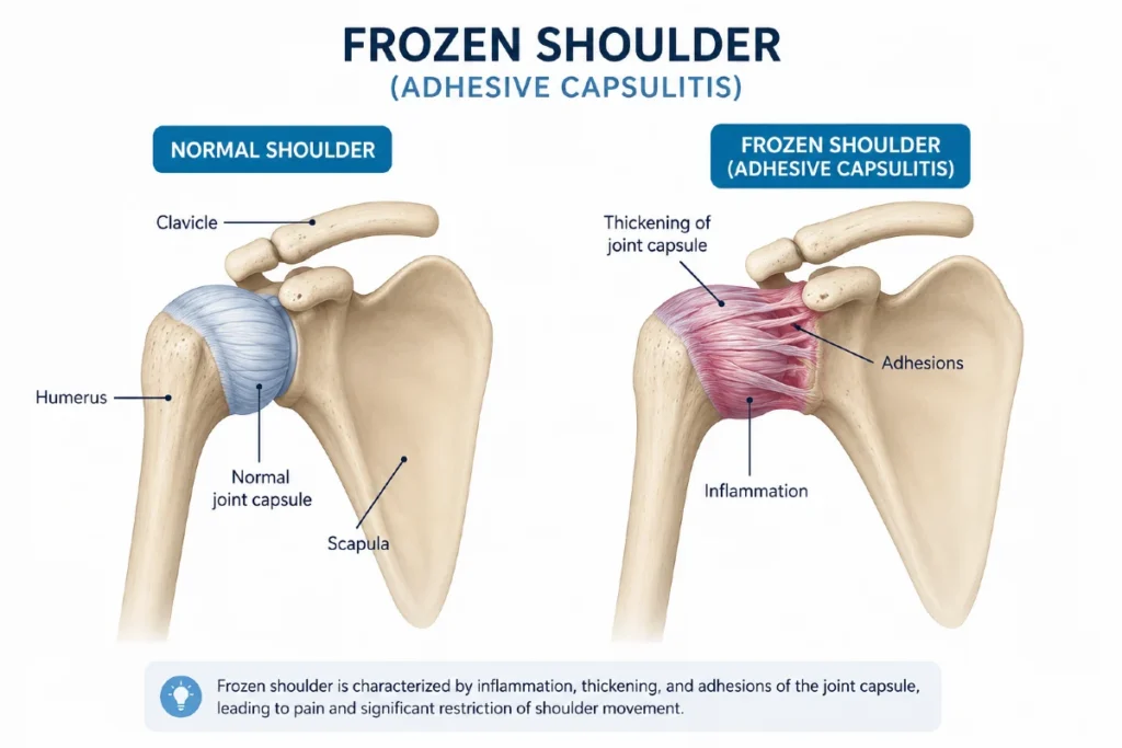 Schematic illustration of frozen shoulder (adhesive capsulitis) showing inflammation, thickening and shrinking of the shoulder joint capsule, formation of adhesions, and progressive loss of shoulder range of motion compared to a normal shoulder joint.