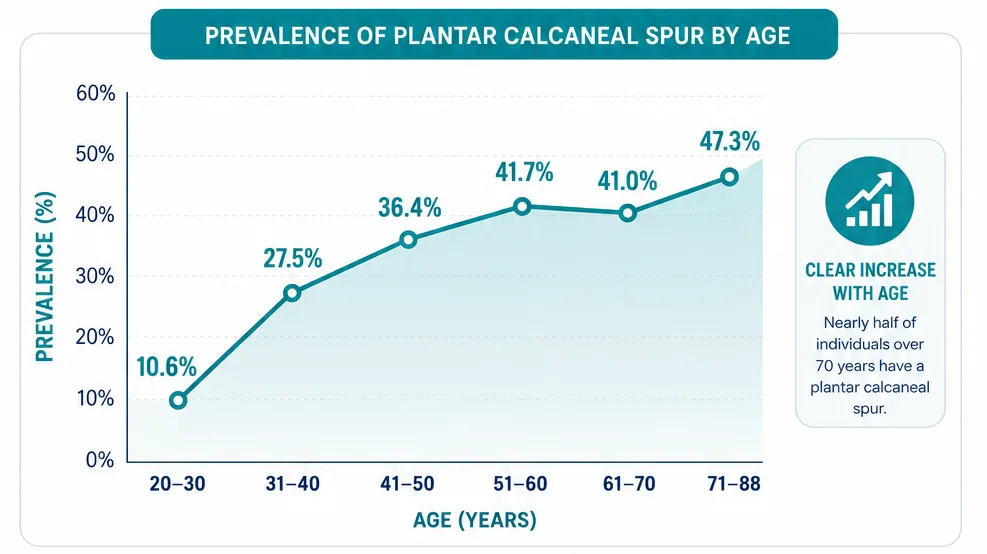 Bar chart showing heel spur prevalence increasing across age groups, with higher percentages in older adults.