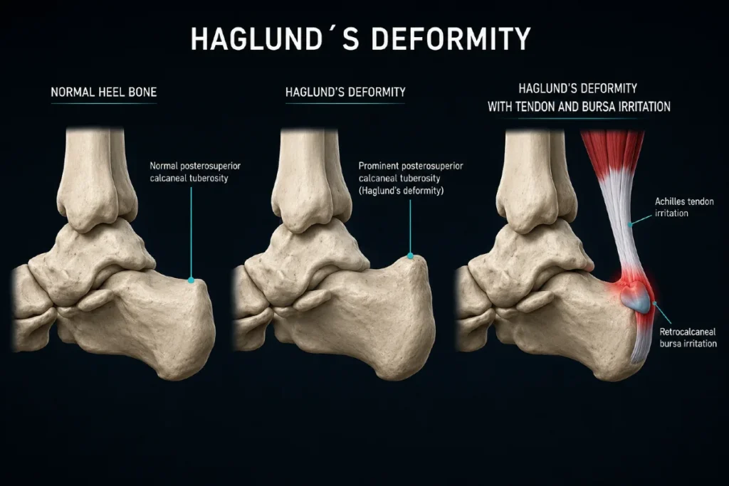 Schematic illustration showing Haglund’s deformity with irritation of the Achilles tendon and inflammation of the retrocalcaneal bursa.