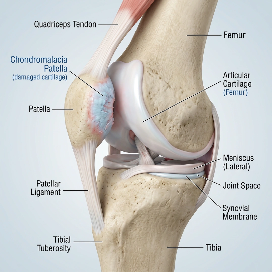 3D anatomical illustration of the human knee joint showing chondromalacia patella with softened cartilage on the posterior surface of the patella, including femur, tibia, meniscus, and surrounding structures in realistic medical detail.
