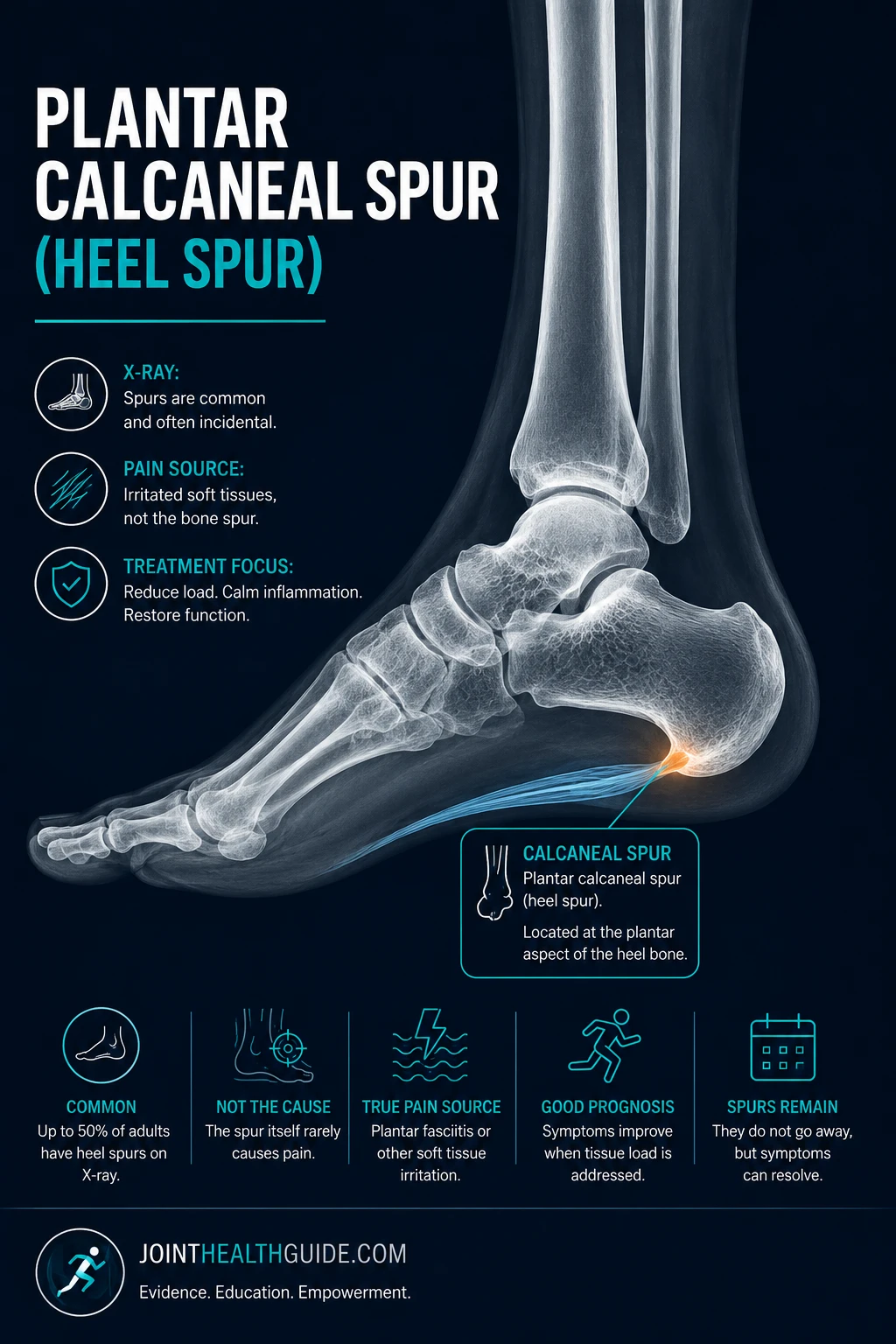 Infographic showing a plantar calcaneal spur (heel spur) on X‑ray, with highlighted location and key facts about symptoms and treatment.