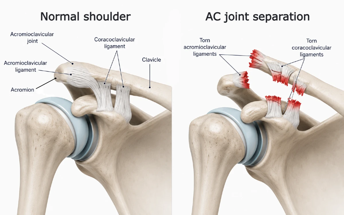 Schematic medical diagram of acromioclavicular (AC) joint separation showing ligament injury and upward displacement of the clavicle at the shoulder joint.