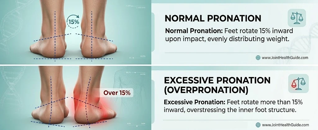 Diagram showing excessive foot pronation with inward rotation of the heel and arch collapse, leading to increased pressure under the central metatarsal heads.