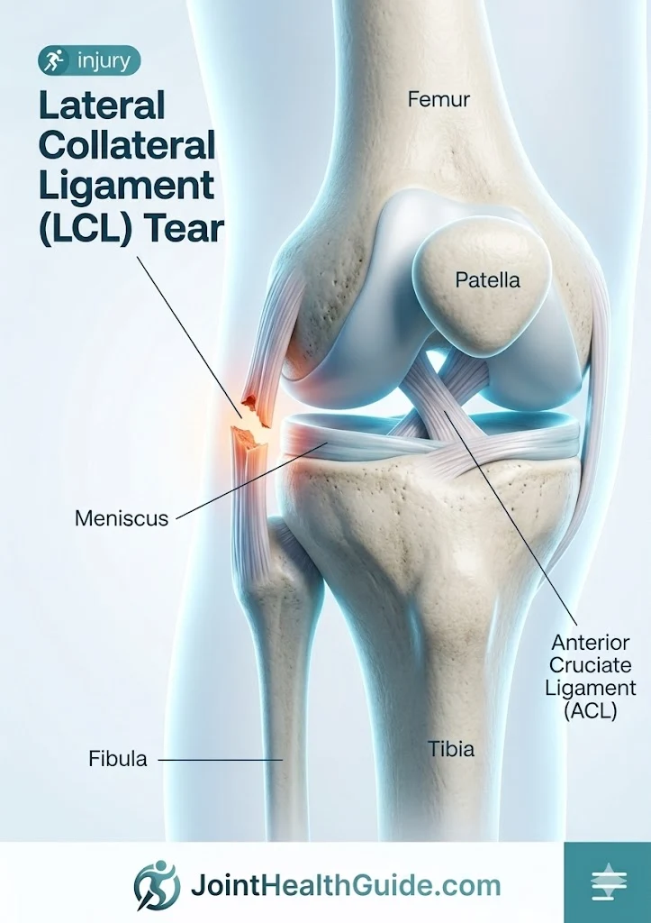 3D medical illustration showing a lateral collateral ligament (LCL) injury on the outer side of the knee, with visible fiber disruption between the femur and fibula in a clear educational view.