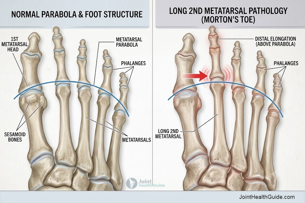 Schematic illustration of a long second metatarsal showing the elongated second ray and increased prominence of the second metatarsal head in the forefoot.