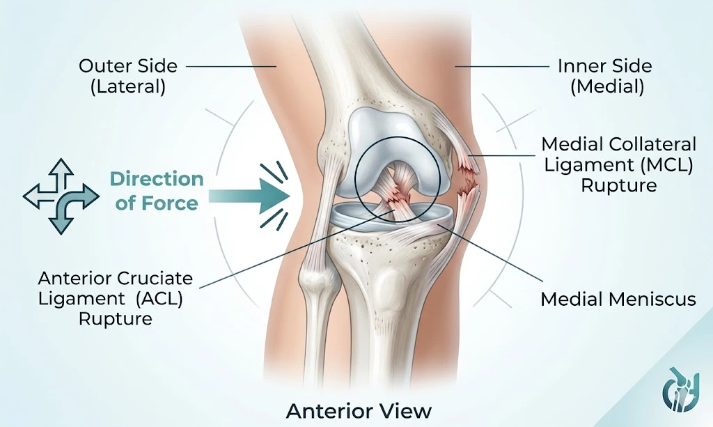 3D medical illustration showing a medial collateral ligament (MCL) injury on the inner side of the knee, with visible fiber disruption between the femur and tibia in a clear educational view.