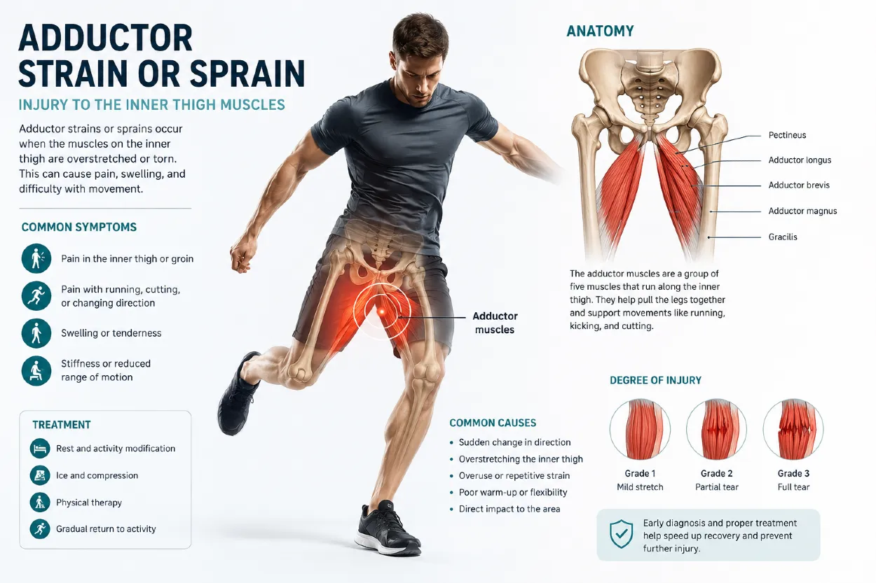 Medical infographic illustrating adductor injuries in an athlete. A male runner is shown with the inner thigh adductor muscles highlighted, alongside an anatomical diagram of the adductor muscle group. The image explains common symptoms, causes, treatment options, and injury grades associated with adductor strains and groin injuries.
