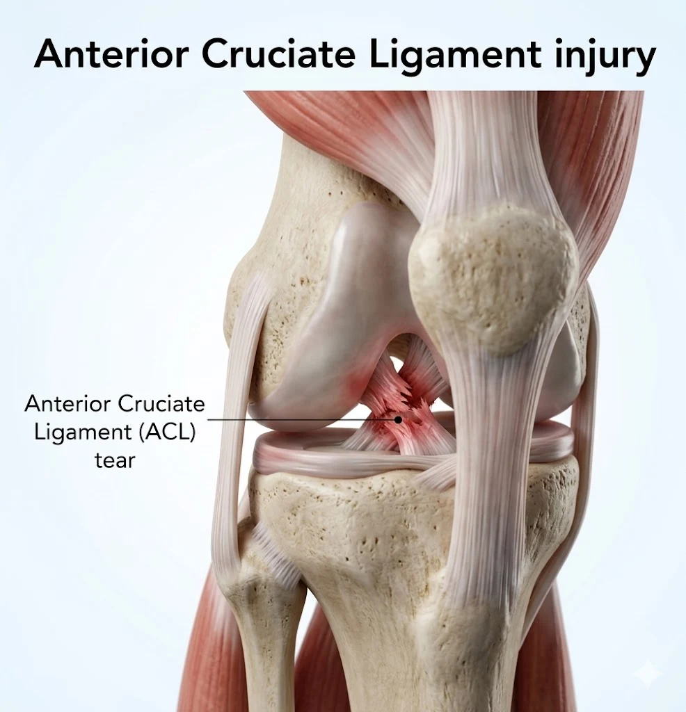3D medical illustration showing an anterior cruciate ligament (ACL) tear inside the knee joint, with the torn fibers visible between the femur and tibia in a clear educational view.