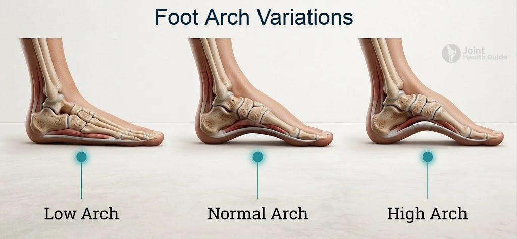Diagram showing high and low foot arches, comparing pes cavus and pes planus and their influence on pressure distribution across the forefoot.