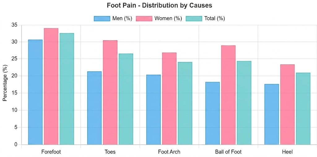 Bar chart showing the percentage distribution of foot pain across different anatomical regions, including heel, arch, midfoot, forefoot, and toes. The graph illustrates that pain occurs relatively evenly across all areas of the foot, without a single dominant region.