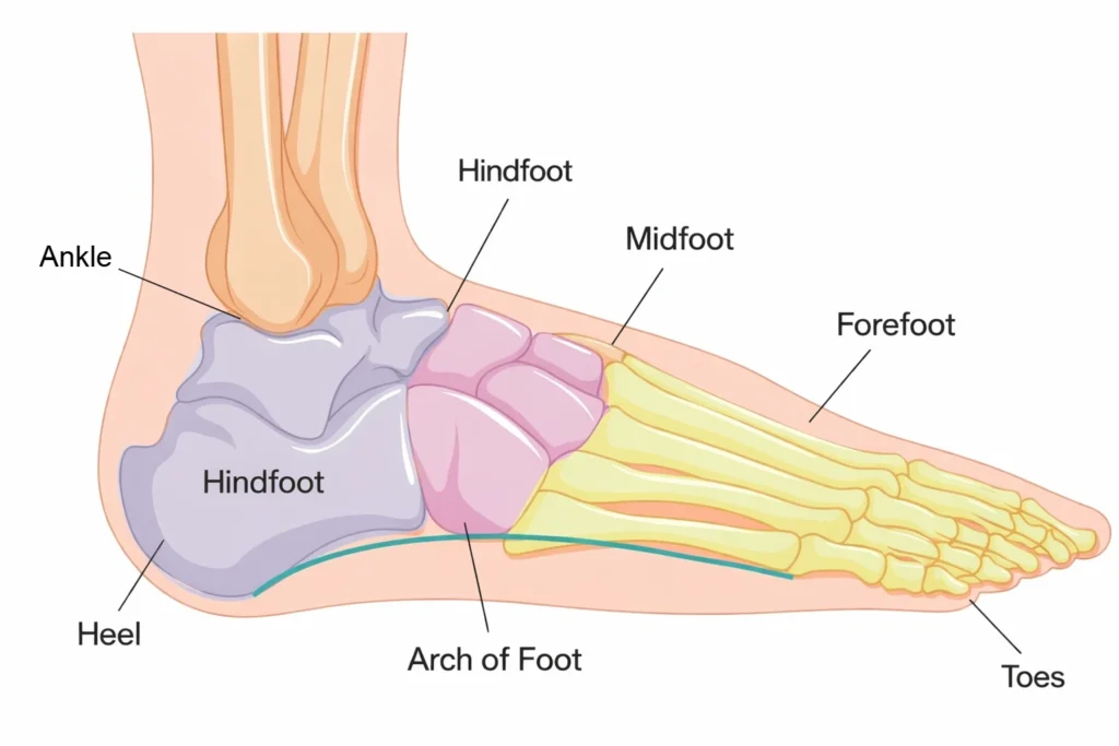 Labeled anatomical diagram of the human foot showing hindfoot (heel and ankle), midfoot (arch), and forefoot (metatarsal region and toes). Each section is color‑coded to illustrate structural divisions and load distribution.