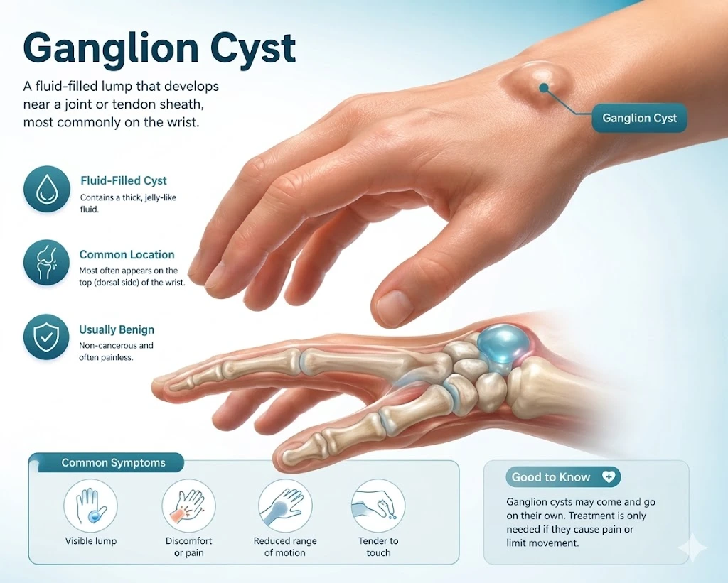Ganglion cyst infographic showing a fluid-filled cyst on the dorsal wrist with a 3D anatomical illustration of the carpal bones and underlying joint structures.