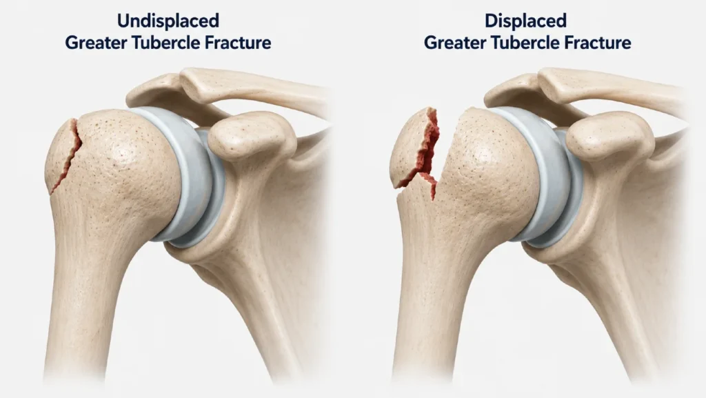 Medical illustration of a greater tuberosity fracture of the humerus showing a fracture of the bony prominence on the upper outer aspect of the proximal humerus where the rotator cuff tendons attach.