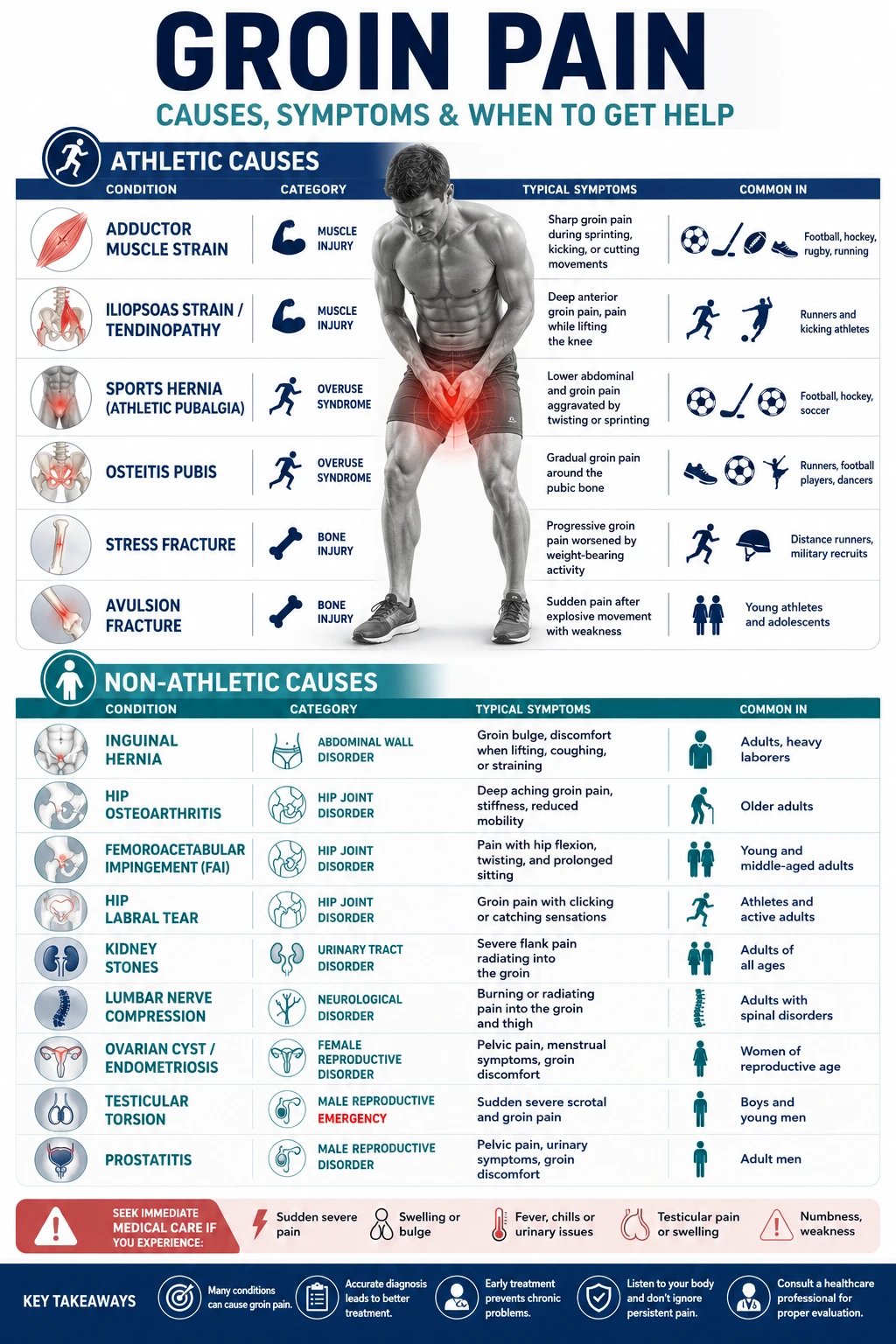 Medical infographic showing the most common causes of groin pain, divided into athletic and non-athletic conditions. The chart includes adductor strain, iliopsoas tendinopathy, sports hernia, osteitis pubis, stress fracture, inguinal hernia, hip osteoarthritis, femoroacetabular impingement (FAI), hip labral tear, kidney stones, lumbar nerve compression, ovarian cysts, testicular torsion, and prostatitis. Each condition is presented with its category, typical symptoms, and the populations most commonly affected. A central illustration highlights the groin region as the primary source of pain.