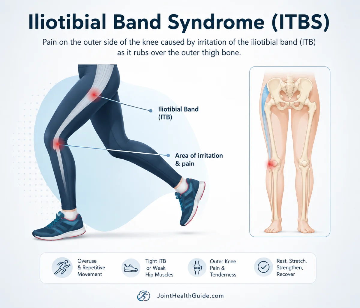 Iliotibial Band Syndrome (ITBS) infographic showing the iliotibial band, lateral knee pain, and common irritation site in runners and athletes.