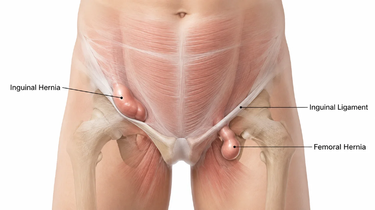 Medical illustration comparing an inguinal hernia and a femoral hernia. The lower abdomen, pelvis, and upper thighs are shown with semi-transparent anatomical layers, highlighting the position of each hernia relative to the inguinal ligament. The inguinal hernia is located above the inguinal ligament, while the femoral hernia appears below it. Educational healthcare image designed to explain the anatomical differences between the two common types of groin hernias.