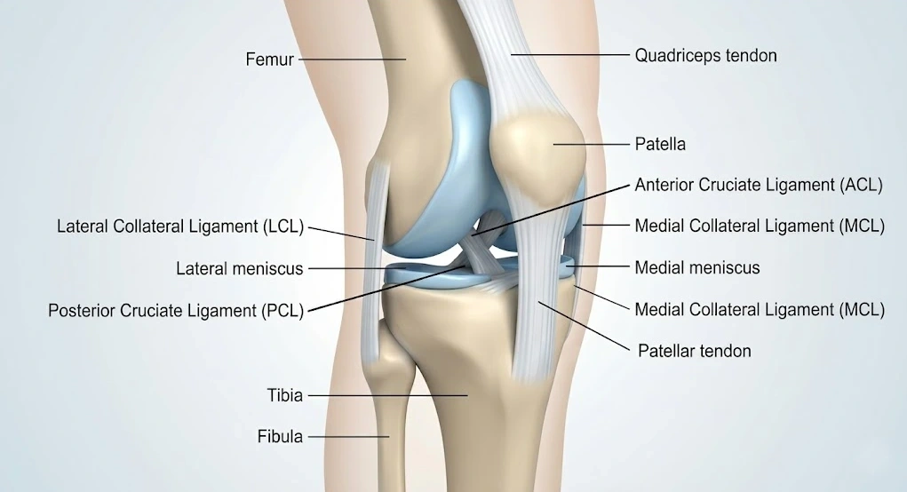 3D medical illustration of the knee joint showing the femur, tibia, fibula, patella, articular cartilage, menisci, major ligaments, and tendons in a clear, educational textbook style.