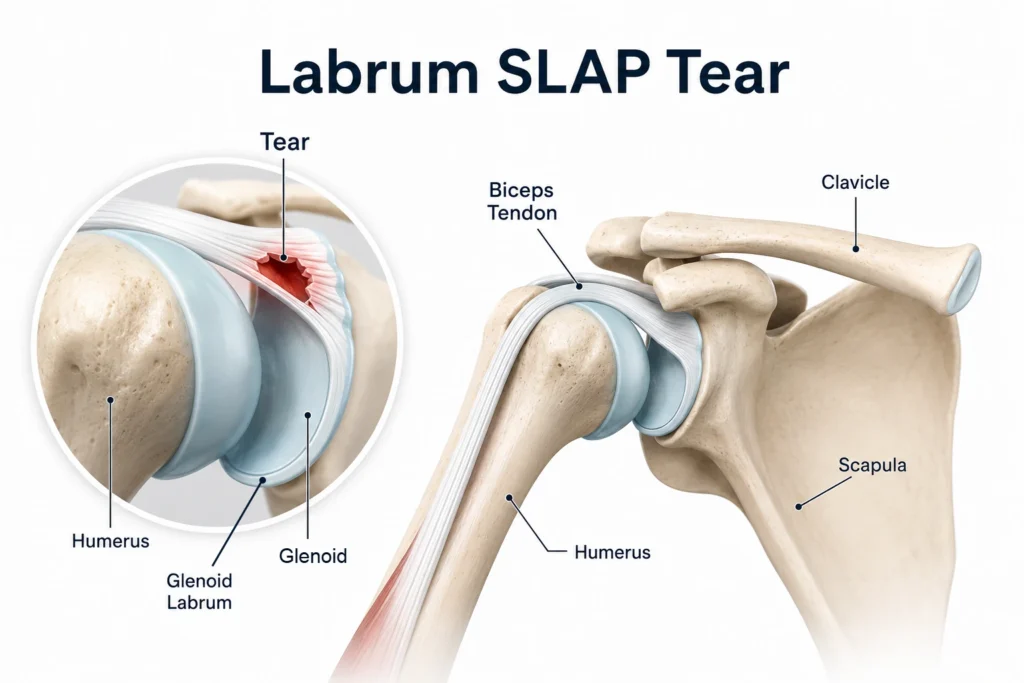 Labrum SLAP tear illustration showing a superior labral tear of the shoulder and biceps tendon attachment.