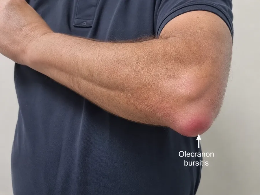 Elbow bursitis (olecranon bursitis) causing visible swelling over the tip of the elbow.