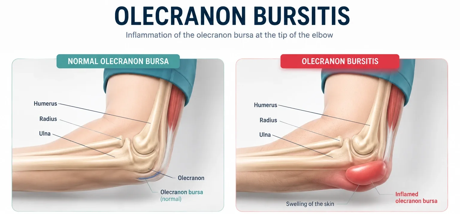 3D medical infographic comparing a normal olecranon bursa with olecranon bursitis. The illustration shows side-by-side elbow anatomy with labeled humerus, radius, ulna, and olecranon. The healthy elbow displays a thin, normal bursa, while the affected elbow shows a swollen, inflamed olecranon bursa with visible soft-tissue swelling and redness over the tip of the elbow. The infographic highlights the anatomical differences between a healthy elbow and olecranon bursitis.
