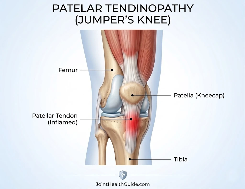 Medical illustration showing patellar tendinopathy (jumper’s knee) — inflammation and micro‑tears of the patellar tendon below the kneecap. The image highlights the front of the knee with a red area at the inferior pole of the patella, illustrating tendon overload and degeneration.