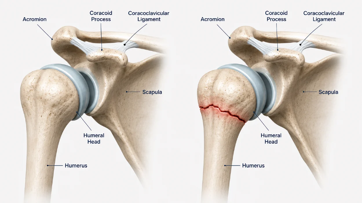Schematic medical illustration of a proximal humerus fracture showing a break near the shoulder joint involving the upper portion of the humerus. The diagram highlights fracture location, surrounding anatomy, and common fracture patterns.