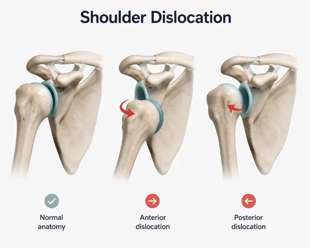 Shoulder dislocation diagram showing normal anatomy, anterior dislocation, and posterior dislocation of the shoulder joint.
