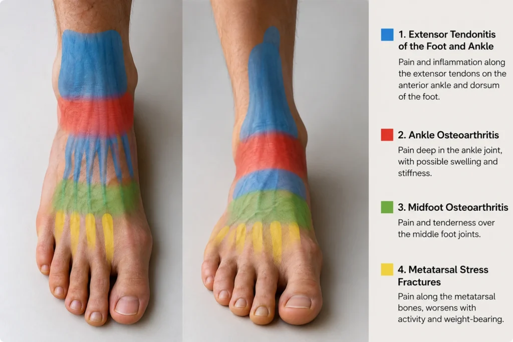 Top of foot pain location chart showing where foot pain occurs in extensor tendonitis, ankle osteoarthritis, midfoot osteoarthritis, and metatarsal stress fractures using realistic anatomical illustrations.
