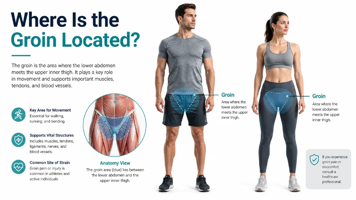 Medical illustration showing the location of the groin in an adult male and female. The groin region is highlighted with a blue overlay at the junction of the lower abdomen and upper inner thigh on both figures. Labels and arrows identify the groin area, while an inset anatomy diagram provides additional detail. Clean healthcare infographic design on a white background, created for patient education and health blog content.