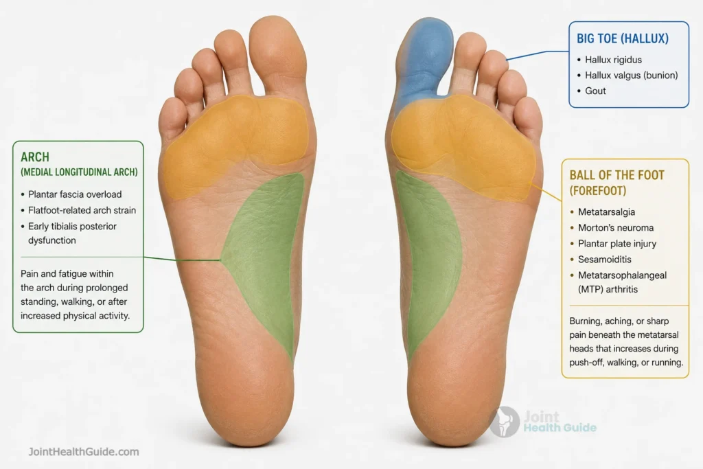 Photorealistic plantar view of both left and right human feet with color-coded overlays highlighting common sources of foot pain. The medial longitudinal arch is marked to indicate plantar fascia overload, flatfoot-related arch strain, and early tibialis posterior dysfunction associated with pain and fatigue during standing, walking, or activity. The forefoot (ball of the foot) is highlighted for metatarsalgia, Morton’s neuroma, plantar plate injury, sesamoiditis, and MTP joint arthritis causing burning or aching pain during push-off. The big toe region is marked for hallux rigidus, hallux valgus (bunion), and gout-related pain. Clear medical infographic style designed for clinical education and patient understanding.