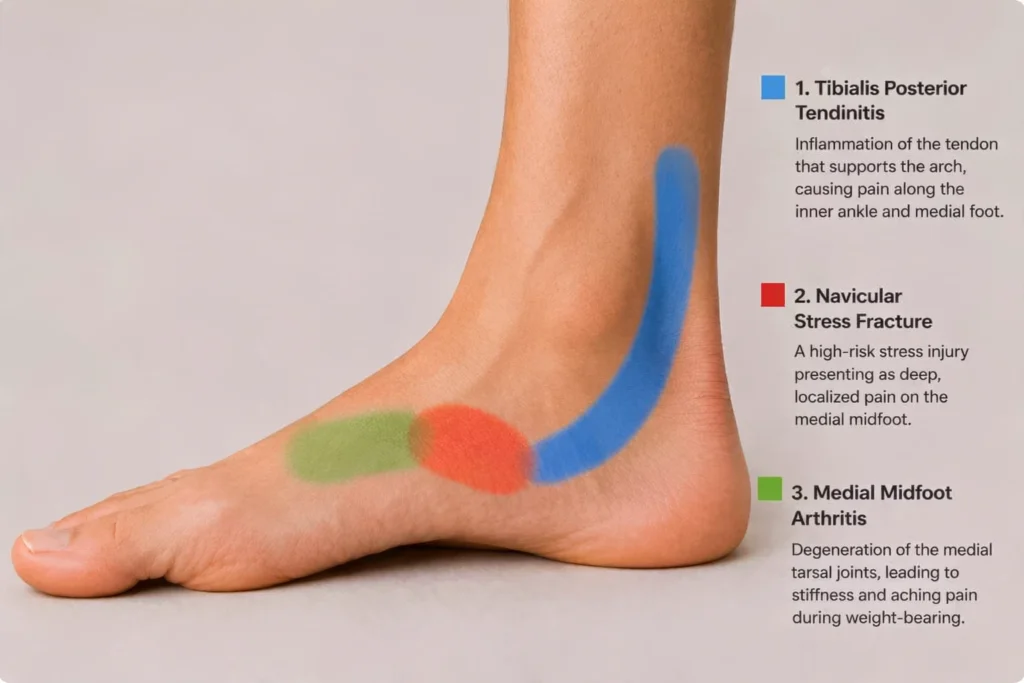 Medical illustration showing the inner (medial) side of a right foot with three color‑coded pain zones — blue along the inner ankle for tibialis posterior tendinitis, red over the navicular bone for stress fracture, and green on the medial midfoot for arthritis.