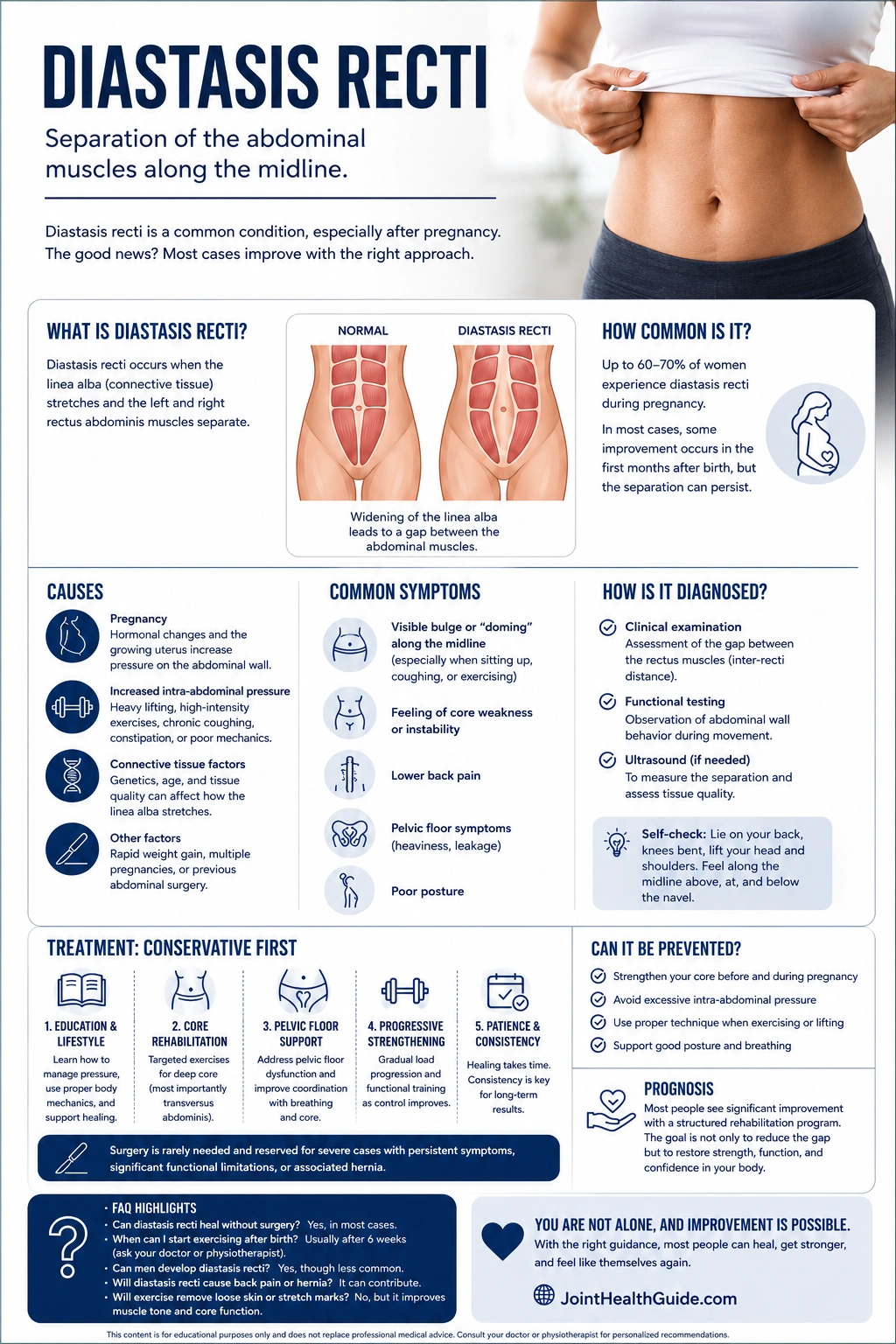 Diastasis recti infographic showing postpartum abdominal muscle separation, symptoms, causes, diagnosis, treatment options, prevention strategies, and comparison of normal versus separated rectus abdominis muscles.