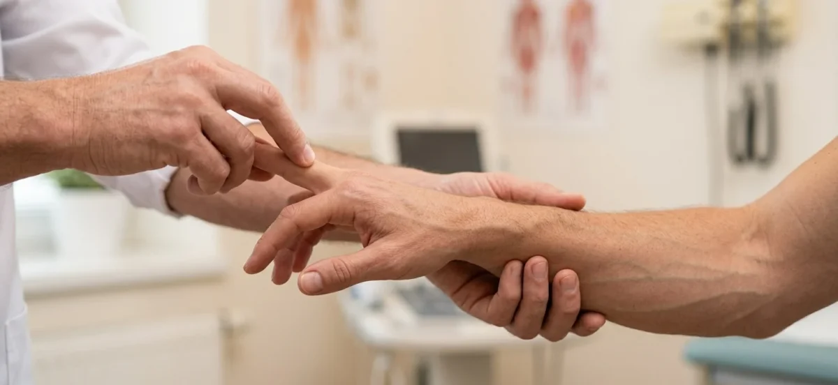 Maudsley’s test for lateral epicondylitis showing resisted middle finger extension to assess common extensor tendon pain