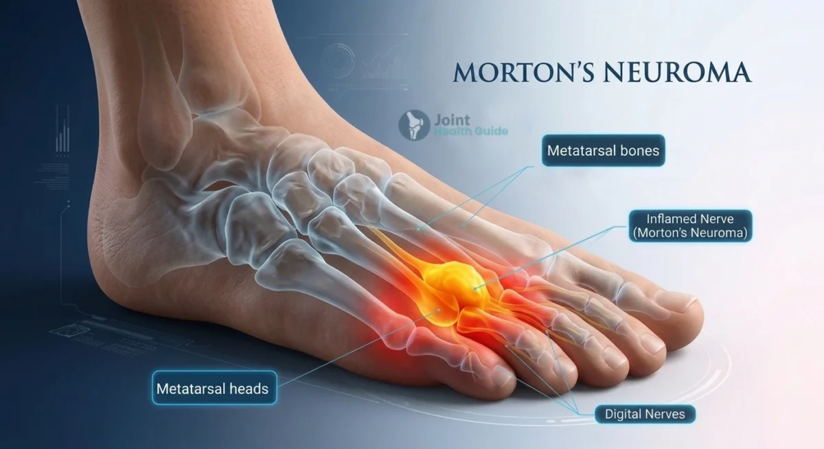 Medical illustration titled Morton's Neuroma, showing a 3D translucent view of foot anatomy. An enlarged, yellow inflamed nerve is highlighted between the metatarsal heads, with glowing blue labels pointing to metatarsal bones, metatarsal heads, and digital nerves against a clean blue gradient background.