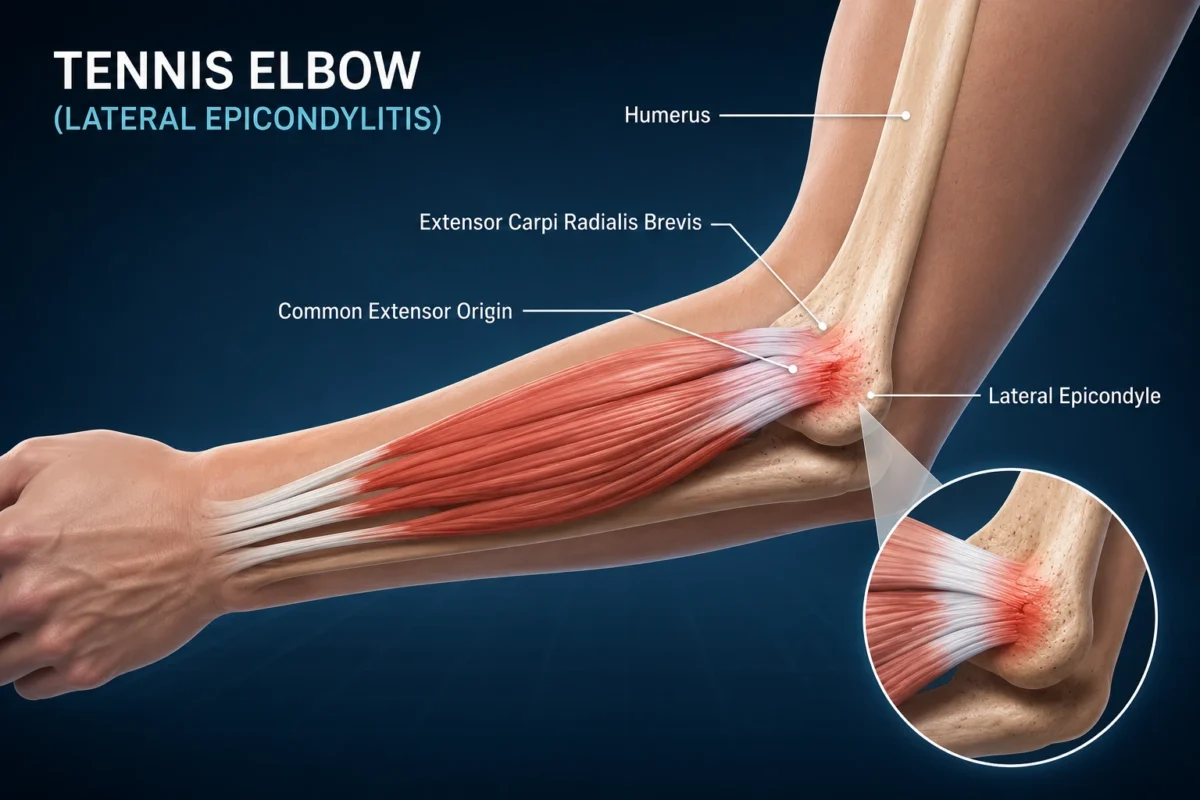 Illustration of tennis elbow (lateral epicondylitis) showing the common extensor tendon attachment at the lateral epicondyle and repetitive wrist extension causing tendon overload.