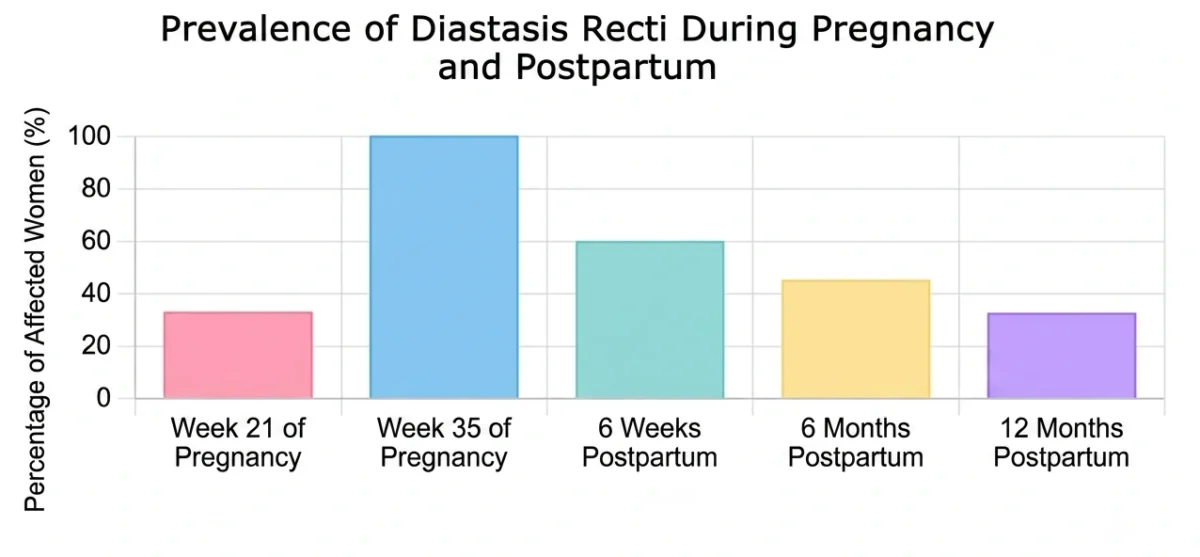 Graph showing the prevalence of diastasis recti during pregnancy and the first year after childbirth, with rates increasing in late pregnancy and gradually decreasing postpartum.