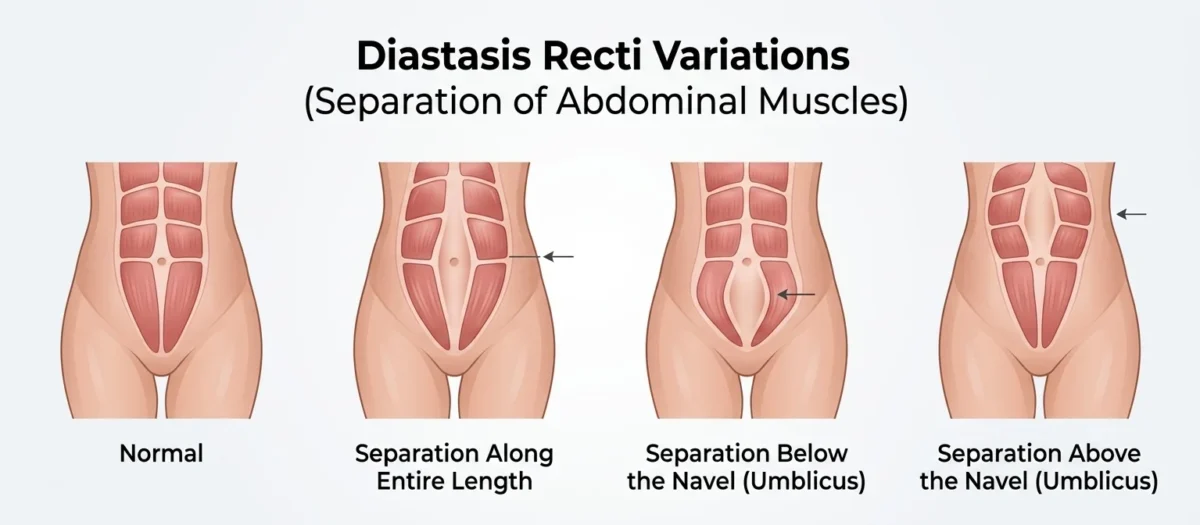 Diastasis recti variations showing rectus abdominis separation above the belly button, complete abdominal separation, and below the umbilicus.
