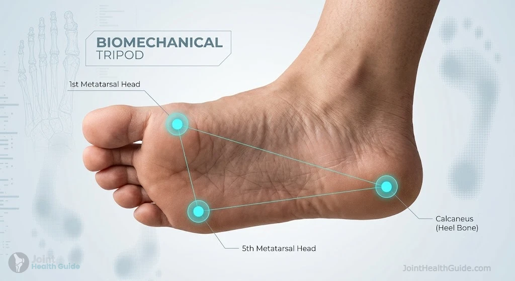 The Biomechanical Tripod – How weight is distributed across the 1st metatarsal head, 5th metatarsal head, and the heel bone (calcaneus).