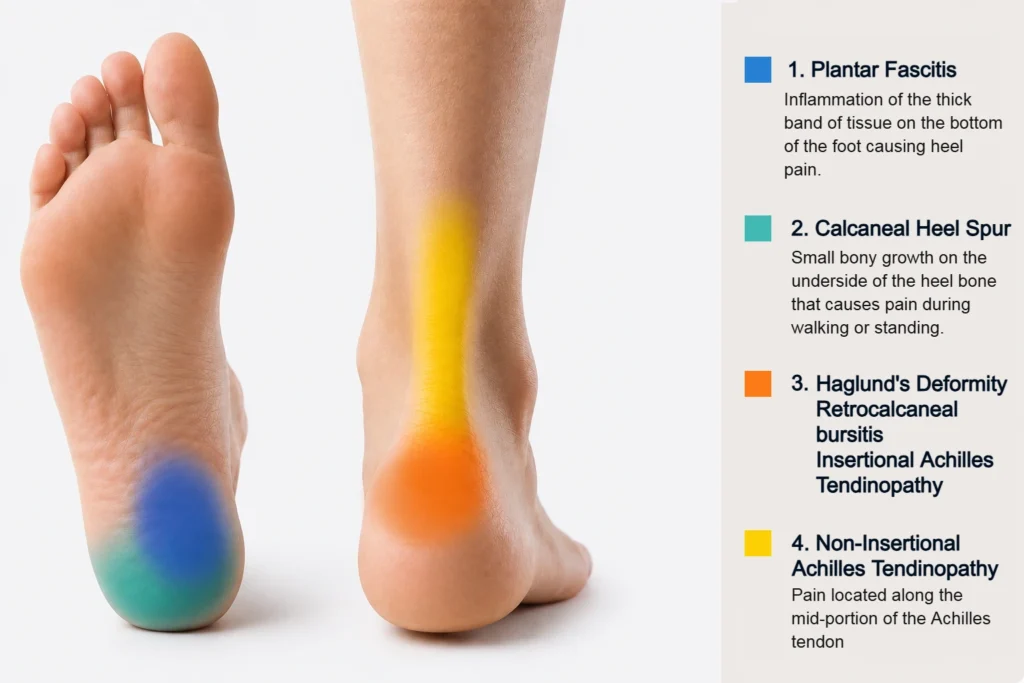 Medical illustration showing the most common heel pain locations, including heel spur, plantar fasciitis, Haglund's deformity, retrocalcaneal bursitis, insertional Achilles tendinopathy, and non-insertional Achilles tendinopathy with color-coded pain areas.