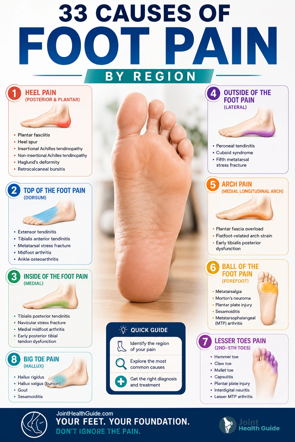Medical infographic showing 33 common causes of foot pain organized by anatomical region, including heel pain, top of the foot pain, inside foot pain, outside foot pain, arch pain, ball of the foot pain, big toe pain, and lesser toe pain, with color-coded location diagrams and common diagnoses.